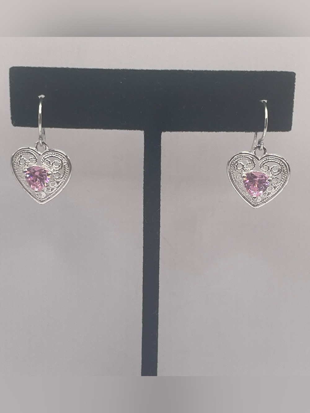 Sterling Silver Filigree Heart Dangle Earrings w/ Pink Heart CZ/Crystal